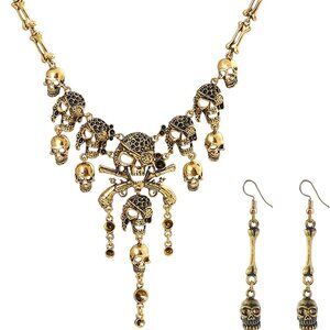 Halloween Skeleton Necklace Earrings Set Pirate Skull Costume Jewelry